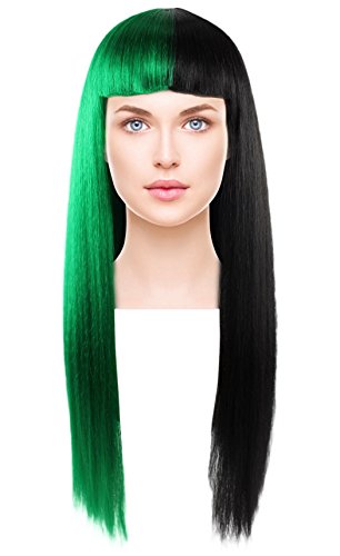 Womens Two Tone Long Straight Fun Wigs with Bangs for Cosplay Costume Green and Black Anime Wig
