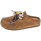 Suede Moccasins Mules for Women Fashion Beaded Comfortable Round Toe Soft Sole Slip On Flat Clog Loafers Casual Daily Work Walking Shoes