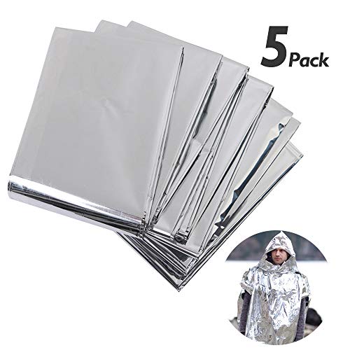 First Aid Kits, Emergency Mylar Thermal Blankets (5-Pack), Extra Large (82″X63″) Slive Space Reflective Blankets Survival Kit for Adults & Kids Marathons, Hiking, Bug Out Bag, Car Emergency Kit
