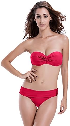 Reteron Women's Foldover Hipster Bottom Push Up Twist Bandeau Bikinis Swimwear (M(us4-6, Freesia)