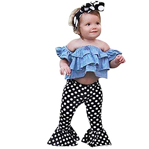 Toddler Girls Off Shoulder Denim Tops+ Dot Print Bellbottoms Outfit Set Size 18-24 Months/Tag90 (Blue)