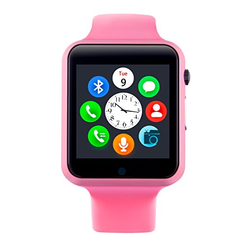 Smartwatch, Bluetooth Smart Watch Phone Wristwatch with Pedometer Camera SMS SNS Sync Music Player SIM Card Slot for Android IPhone (Partial Functions) Men Women Kids (Pink)