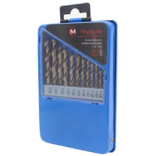 Migiwata 1/16" - 1/4" 13 Piece M35 Cobalt Steel Jobber Twist Drill Bits Set,135° Pilot Split Point, Metal Index Case, Extremely Heat Resistant, to Cut Through Stainless Steel and Cast Iron