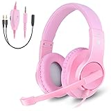 Makibes Wired Over Ear Headphones for Women & Girls, Gaming Headset with Noise Cancelling Microphone for PC, PS4, Xbox One, Nintendo Switch Pink