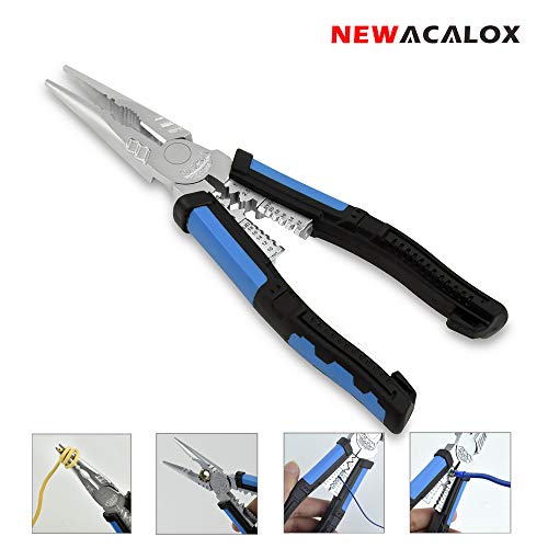CR-V1B Big Needle Nose Pliers,7 in 1 Needle-nose Pliers with Wire Stripper/Crimper/Cutter Screw-remover Function, Heavy Duty No-rust Plier, 8 inch NEWACALOX