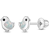 925 Sterling Silver Simulated Opal Dove Safety Screw Back Earrings For Toddlers and Little Girls - Children's Bird Shaped Screw Back Studs - Bird Themed Kids Jewelry