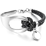 INBLUE Women's Stainless Steel Genuine Leather Bracelet Bangle Cuff Silver Tone Black