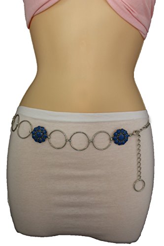TFJ Women's Fashion Belt Hip High Waist Blue Beads Charms Silver Metal Chain Xs S M