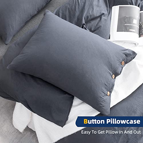 Argstar 3 Pieces Button Duvet Cover Queen Size, Navy Blue Duvet Cover