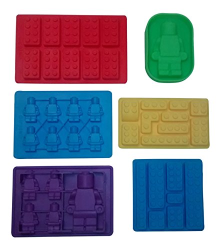 Lego Chocolate and Candy Molds, 6pc Deluxe Set of Various Sized Bricks and Lego Men / Robots, for Gummies, Hard Candy and More W Recipe and Idea Booklet, 100% Premium Food Grade Silicone By Happy Cook