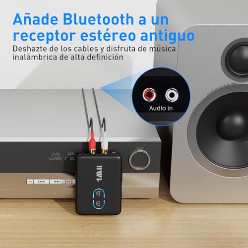 1Mii Transmisor Receptor Bluetooth 5.3 para TV, Adaptador de Audio HiFi con RCA y Conector AUX de 3.5mm, aptX de Baja Latencia/HD/AD, Control de Volumen, Doble Enlace para 2 Auriculares, PC, Estéreo