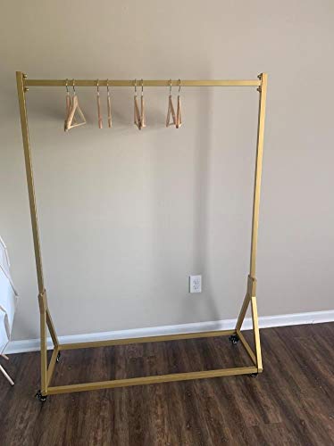 FURVOKIA MODERN SIMPLE HEAVY DUTY METAL ROLLING GARMENT RACK WITH WHEEL,RETAIL DISPLAY CLOTHING RACK, SINGLE ROD FLOOR-STANDING HANGERS CLOTHES SHELVES (GOLD SQUARE TUBE A, 47.2 L)