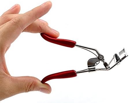 EasyLifeCare Professional Beauty Eyelash Curler with Soft Grip Handle โ Easy Squeeze Pearl Red Silicone Rubber Pad Handle โ Free 5 Pieces Replacement Rubber Cushion Grip Pads โ Premium Grade Stainless Steel Curved Metal Eye Lash Groomer โ Ergonomic Lash Crimper