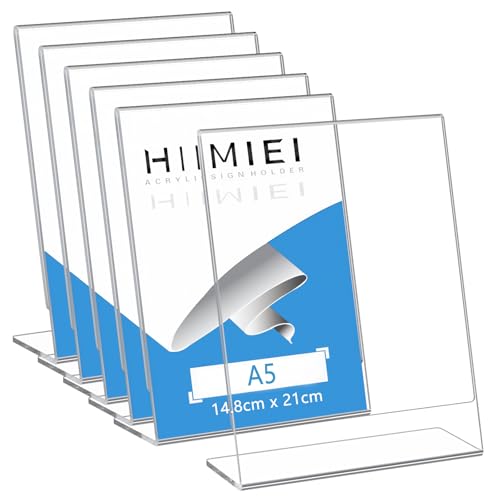 HIIMIEI Set of 6 Table Displays, Poster Stand, A5 (14.8 x 21 cm) Clear Acrylic Easel Table Easel, Menu Stand