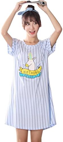 KEIA Girls' Cute Unicron Striped Short Sleeves Sleepwear Dress Nightgowns (Blue, Big Girls 16)