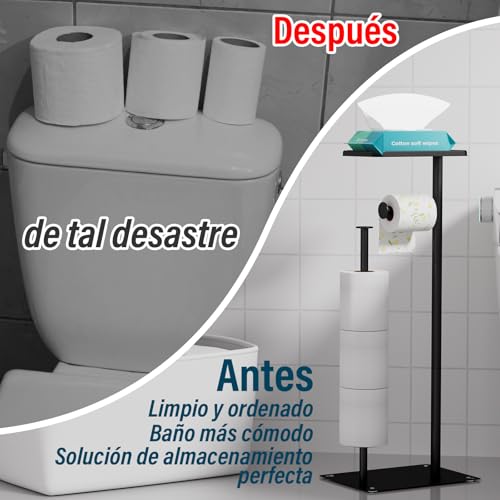 GALASALA Porta Rollos Papel de Baño de Pie, Porta Papel de Baño de Acero Inoxidable, Soporte Portarollos Papels Higienico con Base Antideslizante, para 4 Rollos de Repuesto y 2 Ganchos