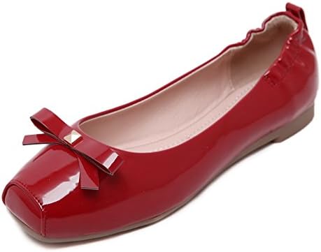 Auitruwt Womens Pull-On Soft Leather Square Closed Toe Flats-Shoes with Metal, Red, 39
