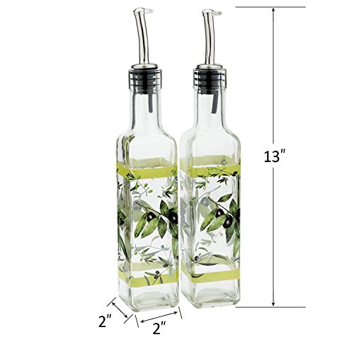 Olive Oil Bottle Set Glass Dispenser Vinegar Cruet 17oz. with Stainless Steel Leak Proof Pourer Spout for Cooking or Salad Dressing by CEDAR HOME, 2 Pack, Green - Thumbnail 3