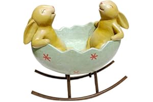 Easter Bunny Decor -Laughing Bunny Rabbits Rocking in an Egg Cradle Figurine Statue, Vintage Rustic Country Bunnies Rabbit Fi