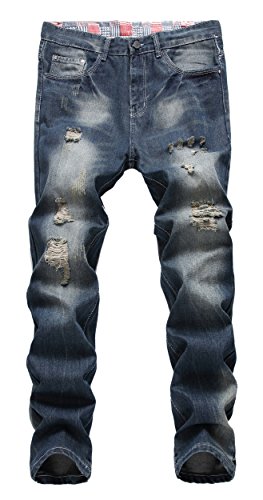 Men's Ripped Slim Fit Straight Denim Jeans Jogger Pants Vintage Style with Broken Holes 08 W40