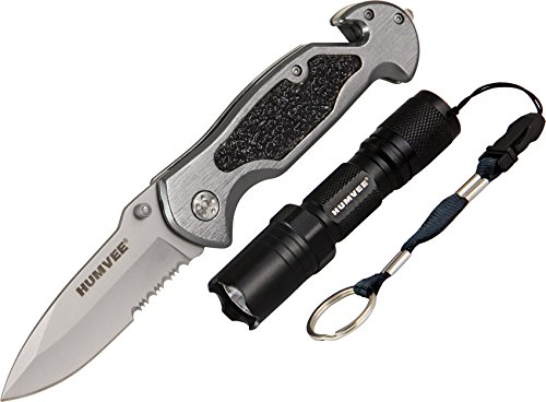 CampCo HUMVEE HMV-KC-ER1-GRY Emergency Rescue Knife and Tactical LED Flashlight Set, Black and Grey