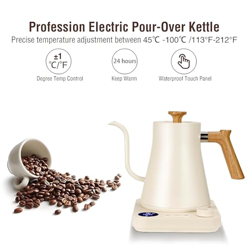 Electric Gooseneck Kettle 0.9L for Pour Over Coffee and Tea, Fast Heat Stainless Steel Inner, Digital LCD Temperature Control, Adjustable Timer, Auto Shut Off, Cordless & BPA-Free (White)