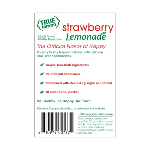 TRUE LEMON STRAWBERRY LEMONADE WATER ENHANCER DRINK MIX (30 COUNT), LOW CALORIE DRINK MIX PACKETS FOR WATER, POWDERED DRINK MIXES & FLAVORS, INDIVIDUAL DRINK PACKETS WITH STEVIA
