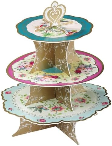 Talking Tables 3-Tier Reusable Floral Cake Stand Reversible Ideal for Afternoon Tea Party Decorations Baby Shower Wedding or Anniversary Mother's Day,Pink, Blue, Yellow,Height 36cm, 14"