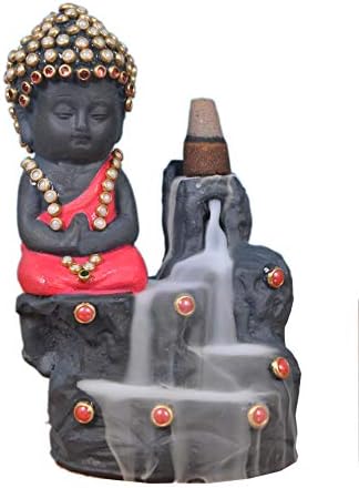 Shiva arts Meditating Monk Buddha Smoke Backflow Cone Incense Holder Decorative Showpiece with 10 Smoke Scented Incenses, 7 x 7 x 12cm