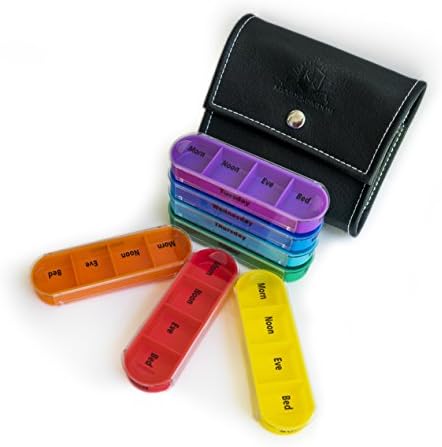 Pill Organizer am pm 7-Day | Portable 7 Day case Tray Plastic compartments (Morning, Afternoon, Evening, and Night) | Includes PU Black Leather Bag for Daily Travel by Klouds Kingdom