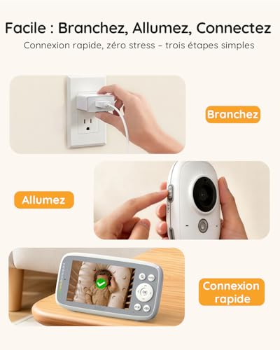 Boifun Baby Camera Baby Monitor without WiFi, Invisible Infrared Night Vision, 4 Inches, HD 720P, Two-Way Intercom, Lullabies, Temperature/Sound Sensor, 3x Zoom, Baby Bottle Reminder