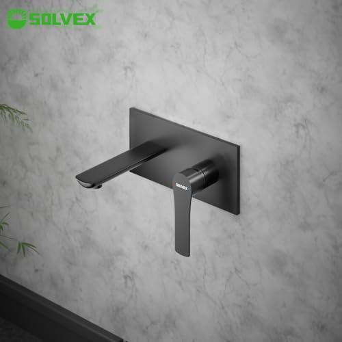 SOLVEX Moderno Grifo de Baño de Montaje en Pared, Monomando Grifo para Lavabo de Baño, Llave Monomando para Lavabo Latón, Grifo de Fregadero de Baño Con Válvula Rugosa, Negro Mate, SP-91003-N