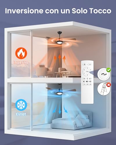 Airwit Ceiling Fan with Light 106 cm, Wood Effect Blades, Silent Ceiling Fan with Remote Control, Dimmable LED, Reversible DC Motor, 6 Speeds for Living Room Room