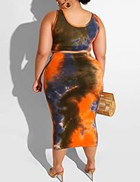 Vestido sexy de 2 piezas para mujer, talla grande, con estampado de tinte de corbata y falda de cuerpo medio