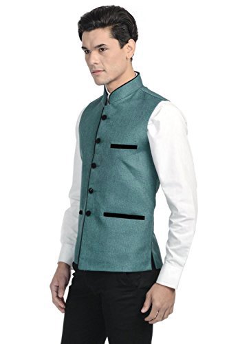 vastraa fusion men's blended bandhgala festive green nehru jacket / waistcoat