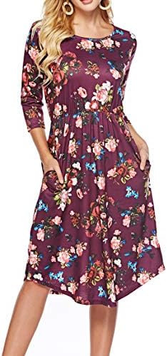 ZJCT Womens Dresses 3/4 Sleeve Round Neck Floral Casual Swing Midi Dress with Pockets