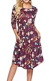 ZJCT Womens Dresses 3/4 Sleeve Round Neck Floral Casual Swing Midi Dress with Pockets