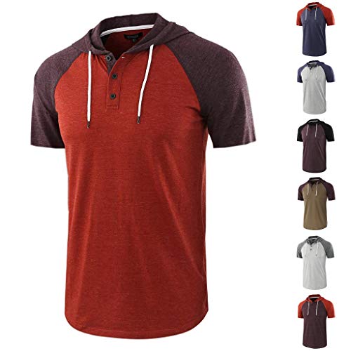 Letdown_Men tops Hooded Shirts for Men Short Sleeve Casual Summer Patchwork Drawsting Button Hoodie T-Shirt Top Blouse