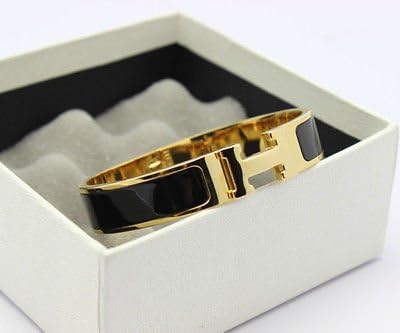 Gold Women Stainless Steel H-shaped Buckle Bracelet Bangle Jewelry (black)