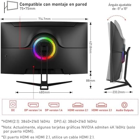 Monitor de computador curvo de 32 polegadas 4K Ultra HD 1500R, ecrã de gaming 160Hz, 1ms, AdaptiveSync, 128% sRGB, colunas integradas, HDMI 2.1, DisplayPort, suporte de parede compatível - preto