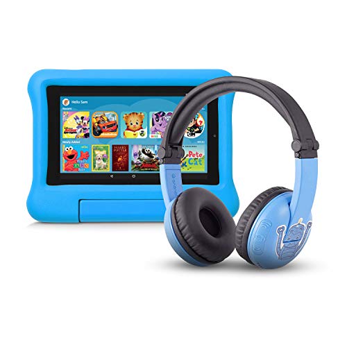 Fire 7 Kids Edition Tablet | 7″ Display, 16 GB, Blue Kid-Proof Case + Made for Amazon Bluetooth BuddyPhones, PlayTime in Blue – Ages (3-7)