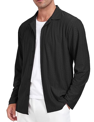 ZAFUL MENS EYELET CUBAN LONG SLEEVE SHIRTS CASUAL BUTTON DOWN REGULAR FIT SHIRT (BLACK M)