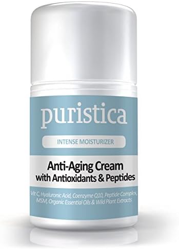 Anti-Aging Cream to Restore Skin Elasticity, Texture &amp; Brighten Tone - 98% Natural, 40% Organic - Vitamin C, B5, Hyaluronic Acid, ALA, AHA, CoQ10, Peptides - Puristica 3.4 Oz