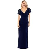 Betsy & Adam Womens Betsy & Adam Women's V-Neck Gown with Sequin Flutter Sleeves and a Fitted Silhouette.