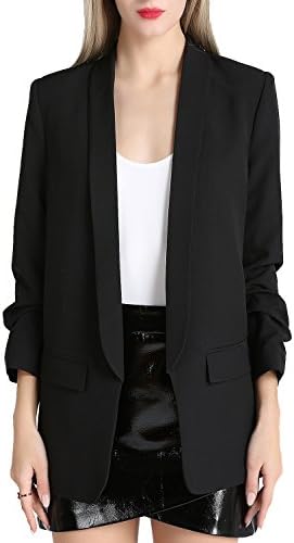 Zevrez Women's Work Jacket 3/4 Ruched Sleeve Open Front Casual Office Blazer