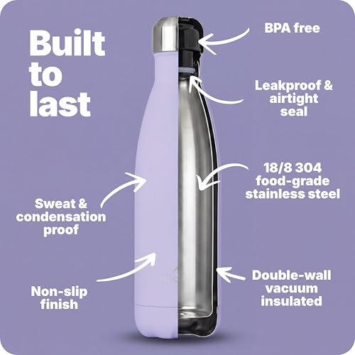 Nuactiv Stainless Steel Water Bottle 500ml, Vacuum Insulated Metal Flask, Leakproof, BPA Free, Reusable Sports Flask, Keeps Drinks Cold 24h & Hot 12h, for Gym, Travel, Work & School