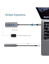 TWOPAN T3-L USB C Hub, Tipo C Hub 3.1, USB C a Gigabit Ethernet, RJ45 LAN Port Adapter, Aluminio 3 Puertos USB 3.0 Hub, 10 100 1000 Mbps para MacBook Pro, Chromebook, Pixelbook, USB C LAN Space Gray
