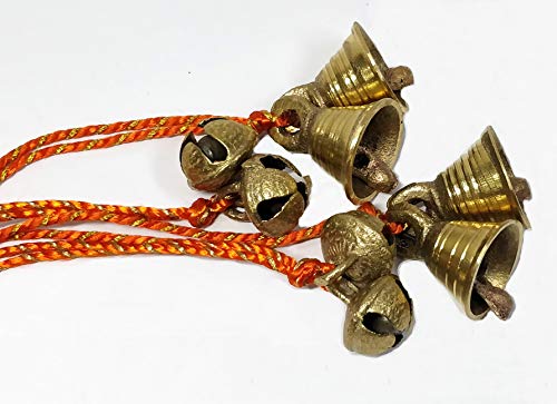 AzKrafts Mini Brass Hanging Bells on String I Hanging Sleigh Bells, Regular Bells, Combo Bells, for Home Decor I Indian Hanging Jingle Bells on Braided String (6" String, 12 Pack, Sleigh+Reg Bells)