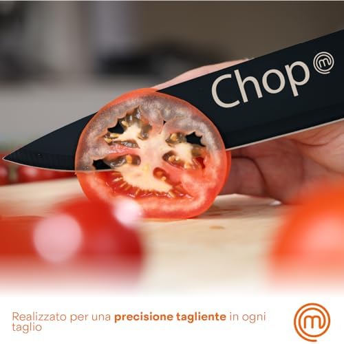 MasterChef Set Coltelli da Cucina, Collezione di Coltello Chef per Pane, Carne e Verdure, Acciaio Inox, Prova di Calore, Lavabile in Lavastoviglie, 5 Pezzi, Nero, Captions