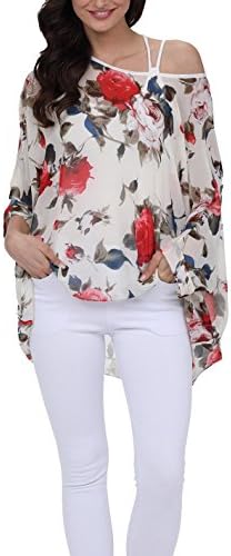 iNewbetter Womens Floral Print Batwing Sleeve Boho Blouse Chiffon Poncho Summer Tunic Tops